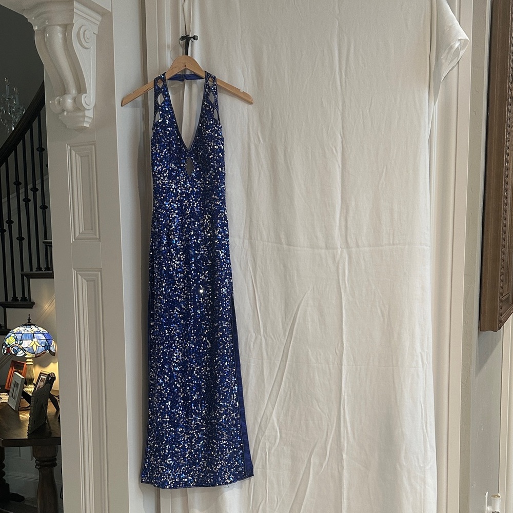 Scala Royal Blue Backless Sequin Dress. Lined with silk. Not itchy at all!!